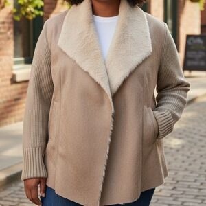 Women's Champagne Faux Suede Leather Sherpa Trim Wrap Coat Shacket XL Giftable‎